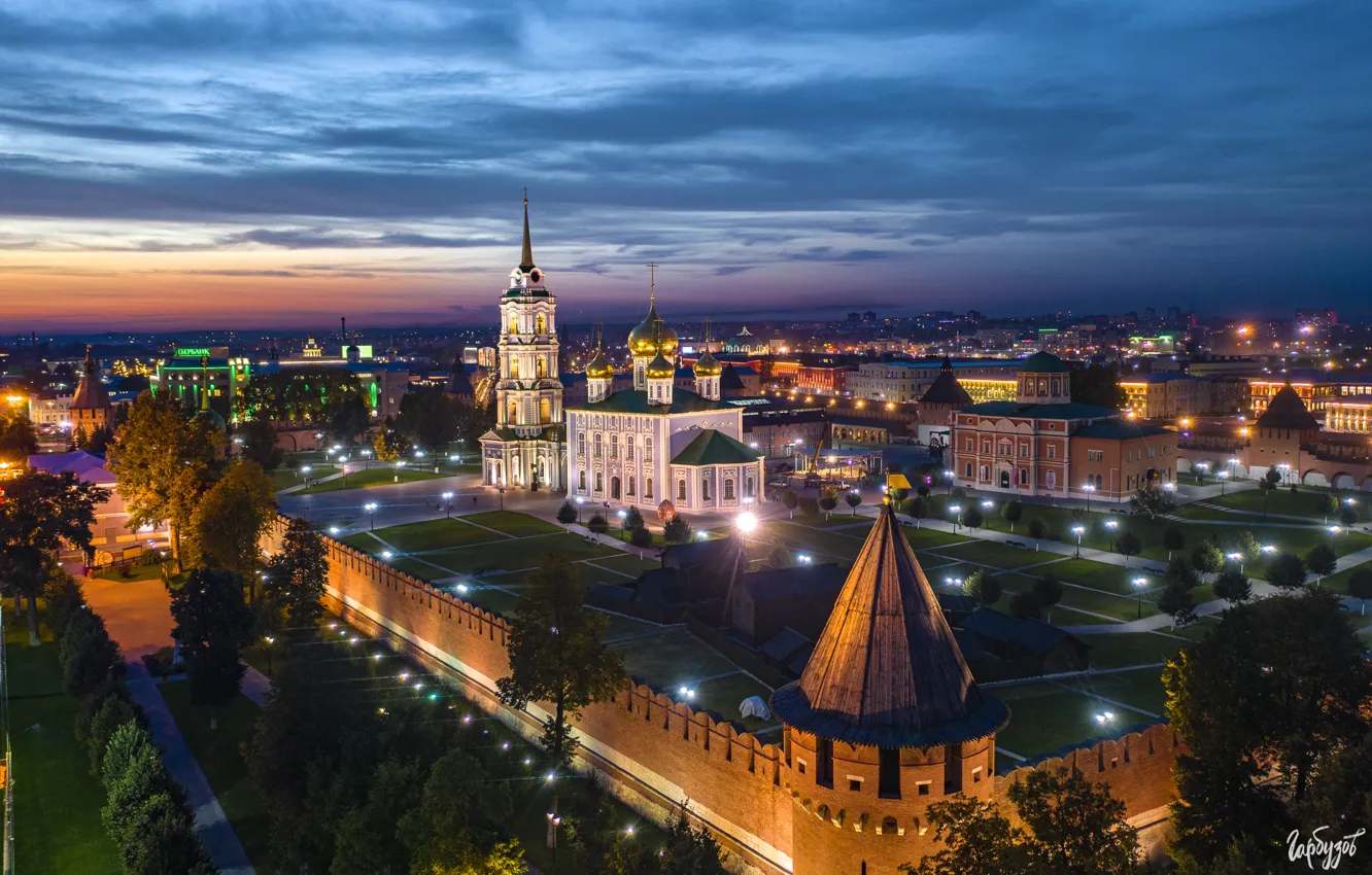 Фото обои город, стена, башня, вечер, освещение, храм, Кремль, Тула