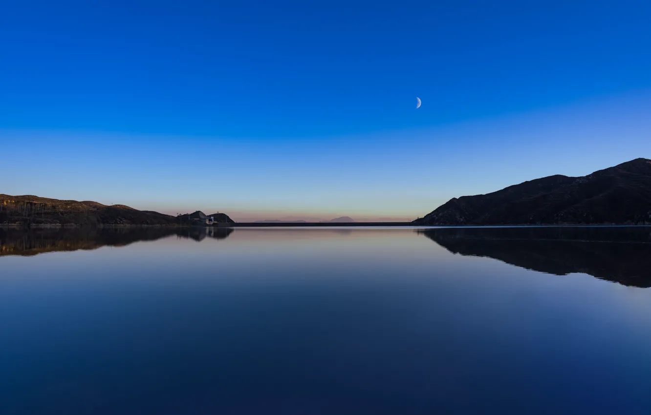 Фото обои Moon, sky, mountains, lake, dam