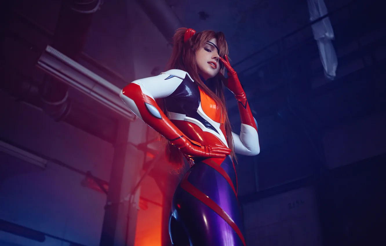 Фото обои улыбка, Neon Genesis Evangelion, косплей, cosplay, милая девушка, Asuka Langley, костюм в обтяжку
