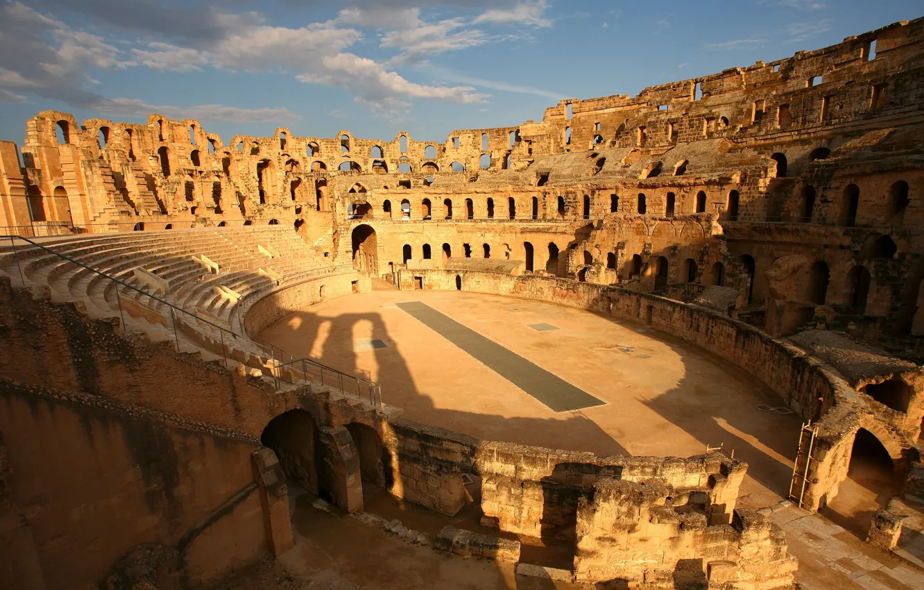Фото обои Солнце, Архитектура, Тунис, Tunisia, Амфитеатр Эль-Джем, Amphitheatre of El Jem