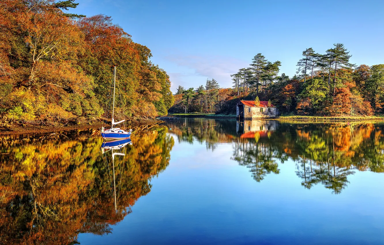 Фото обои осень, озеро, лодка, яхта, домик, Ирландия, графство Мейо