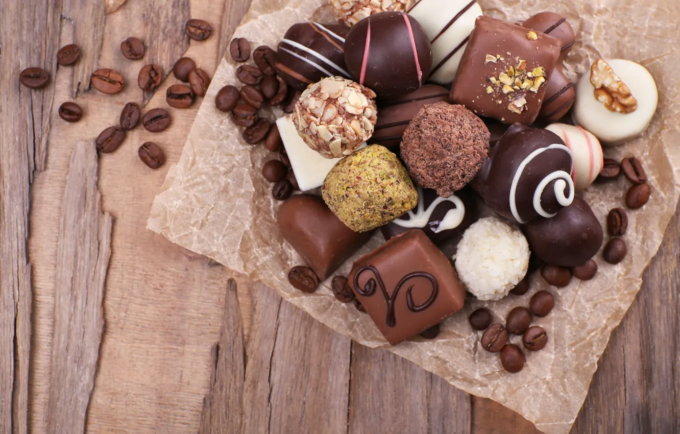 Фото обои шоколад, десерт, Coffee, chocolate, beans, candy, шоколадные конфеты