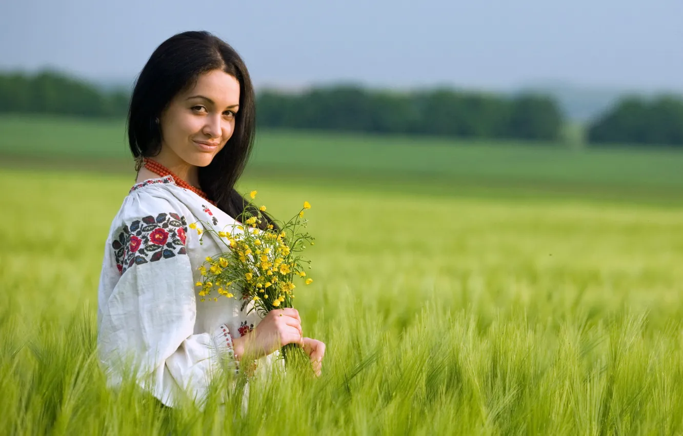 Фото обои поле, лето, девушка, цветы