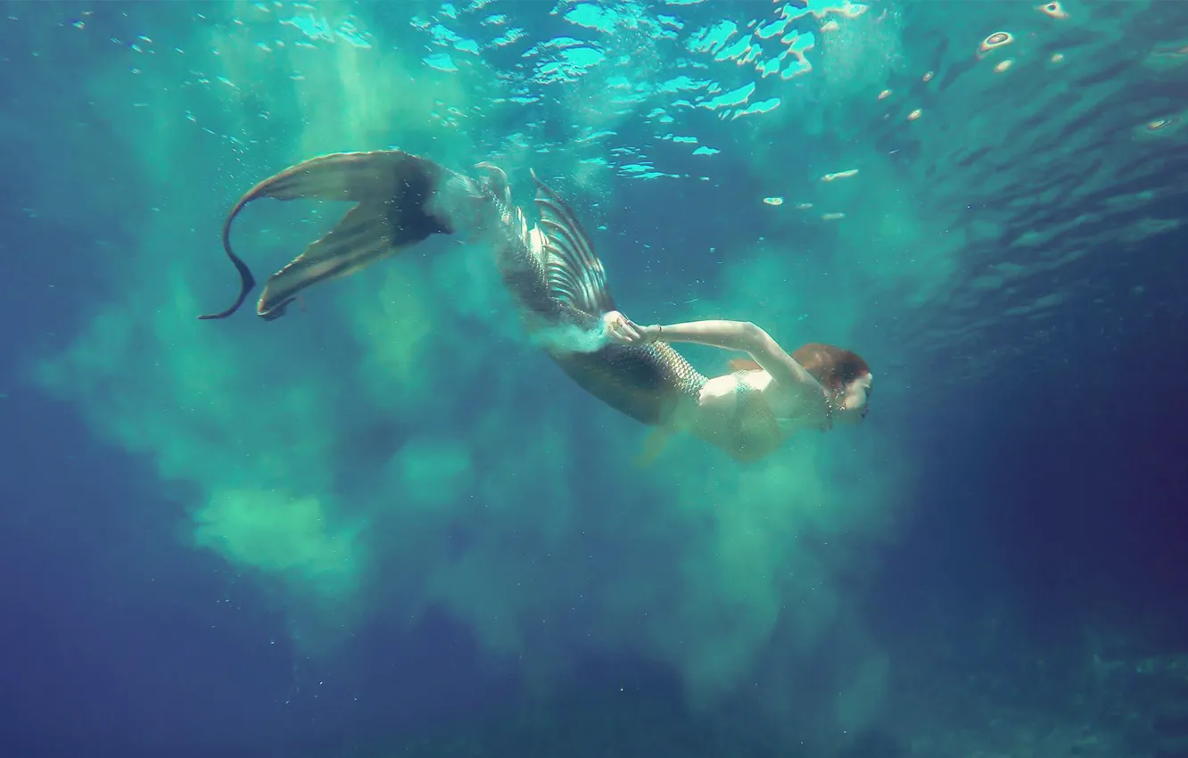 Фото обои море, девушка, русалка, дыхание, костюм, хвост, экстрим, дайвинг