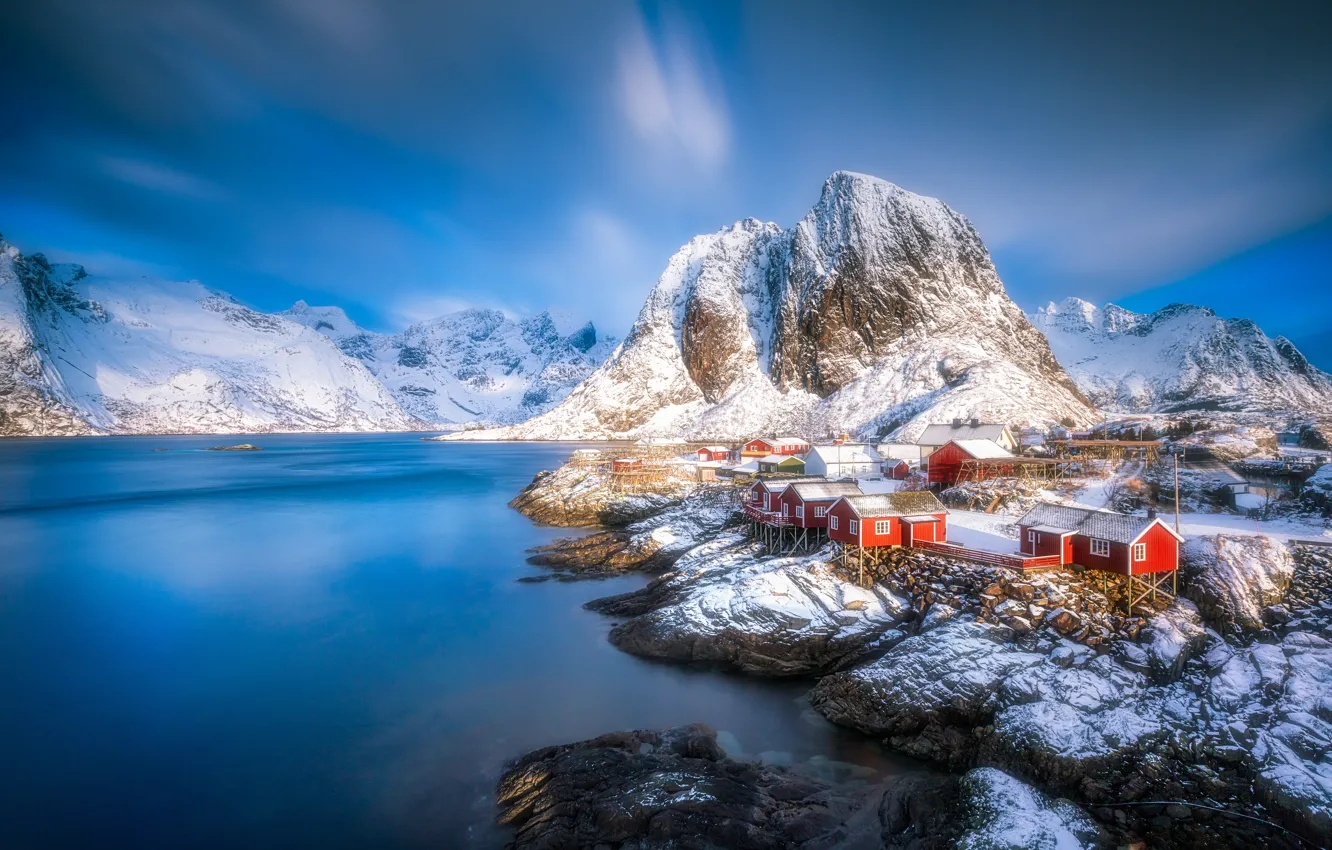 Фото обои зима, вода, горы, деревня, Норвегия, домики, Norway, фьорд