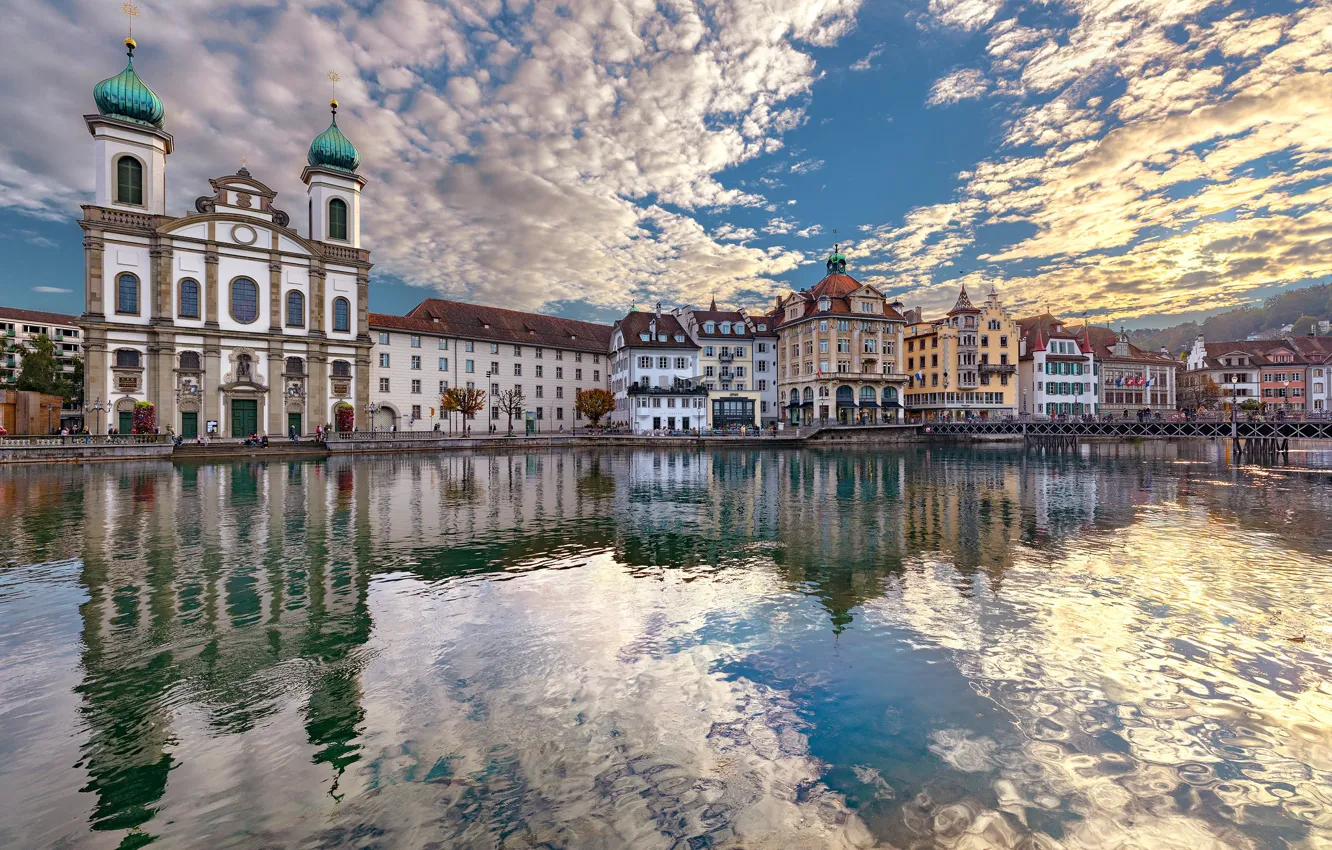 Фото обои река, здания, дома, Швейцария, церковь, набережная, Switzerland, Люцерн