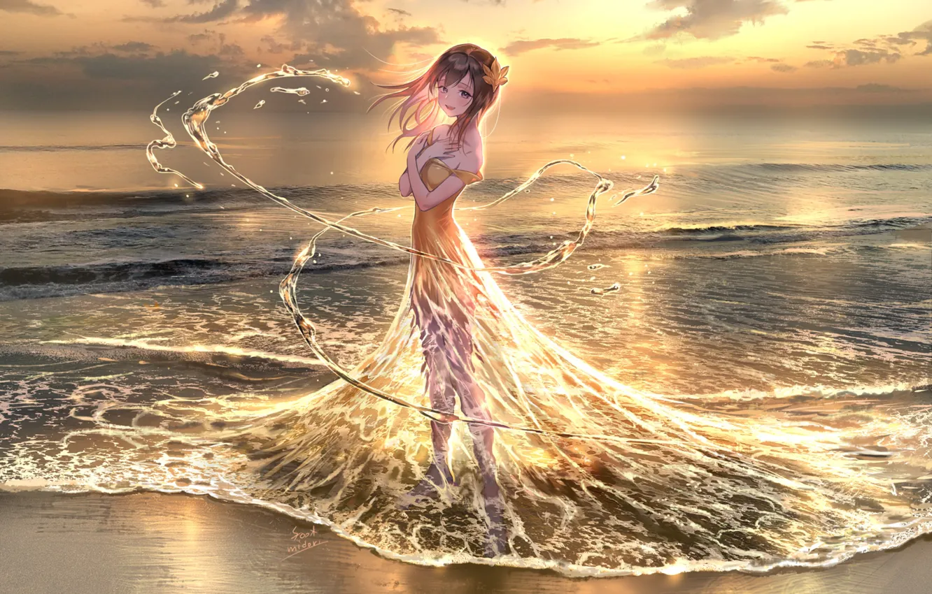 Фото обои пляж, вода, девушка, закат, магия
