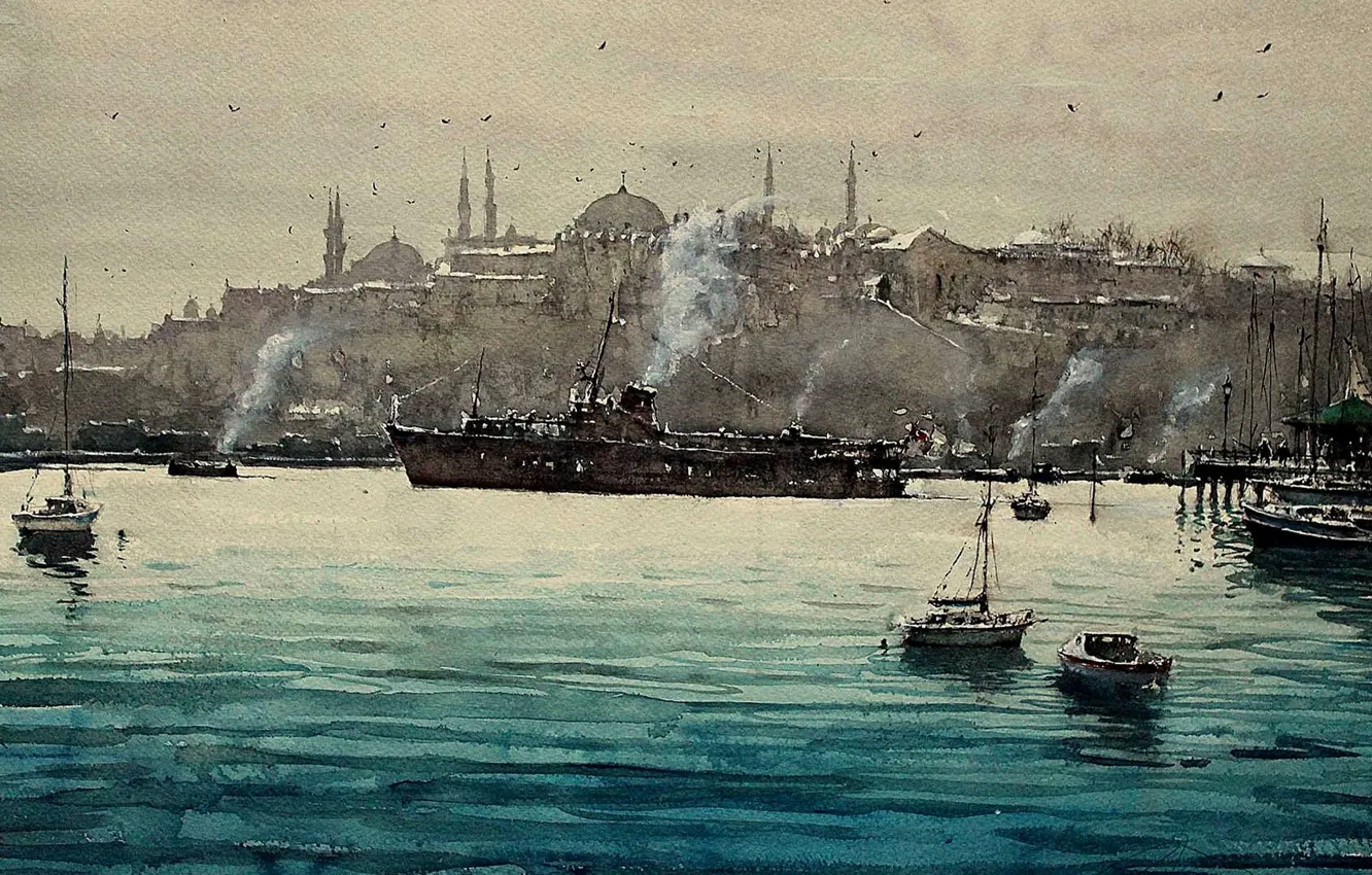 Фото обои пролив, лодка, корабль, картина, акварель, Стамбул, городской пейзаж, Босфор