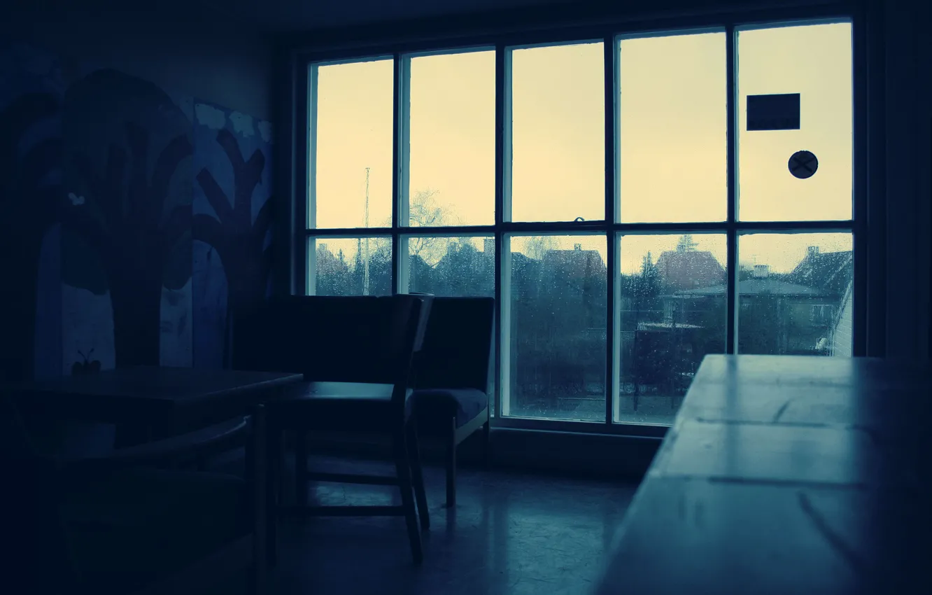 Фото обои капли, темнота, комната, дождь, окно