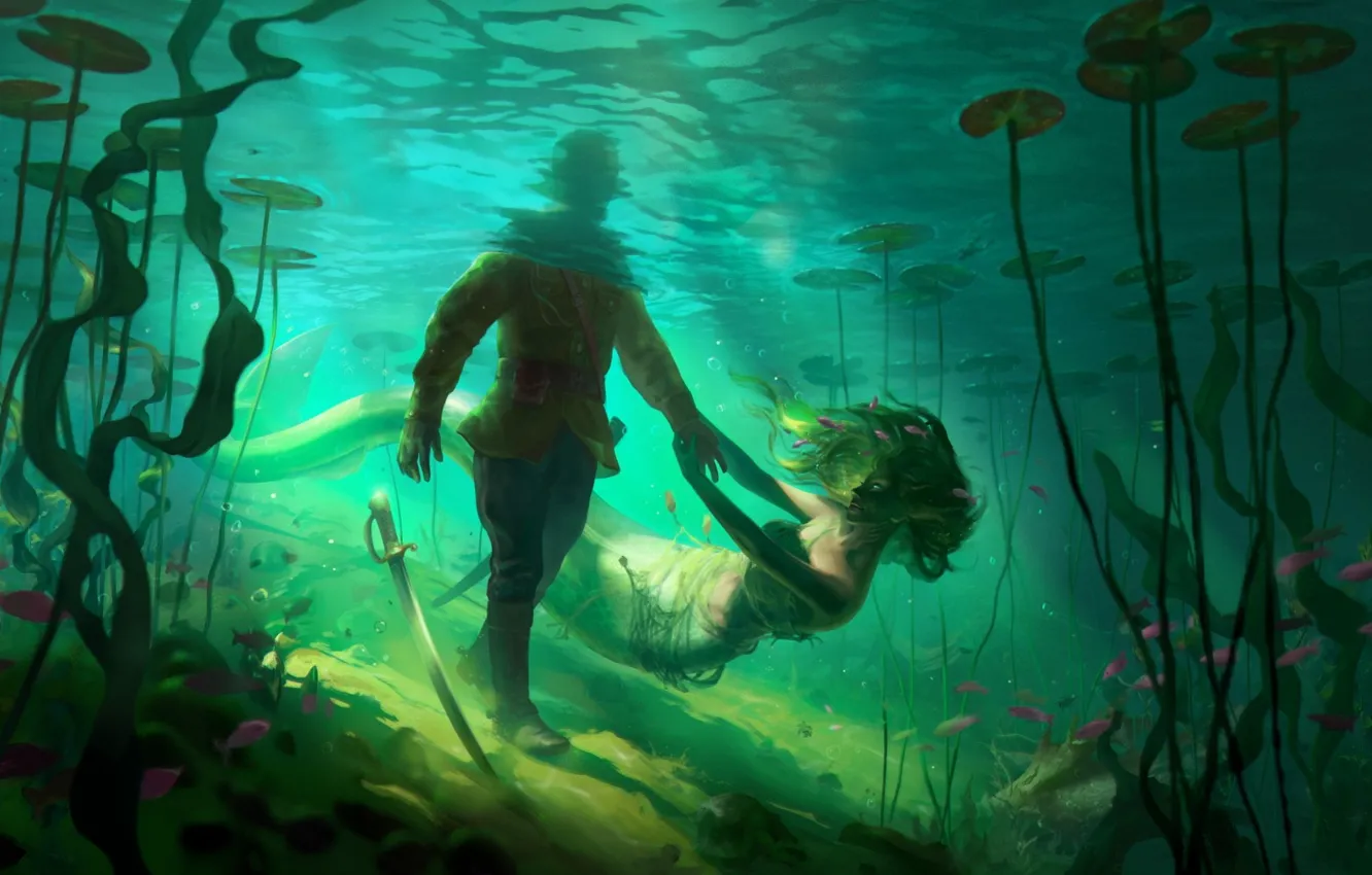 Фото обои рыбки, водоросли, русалка, воин, под водой, underwater, saber, сабля