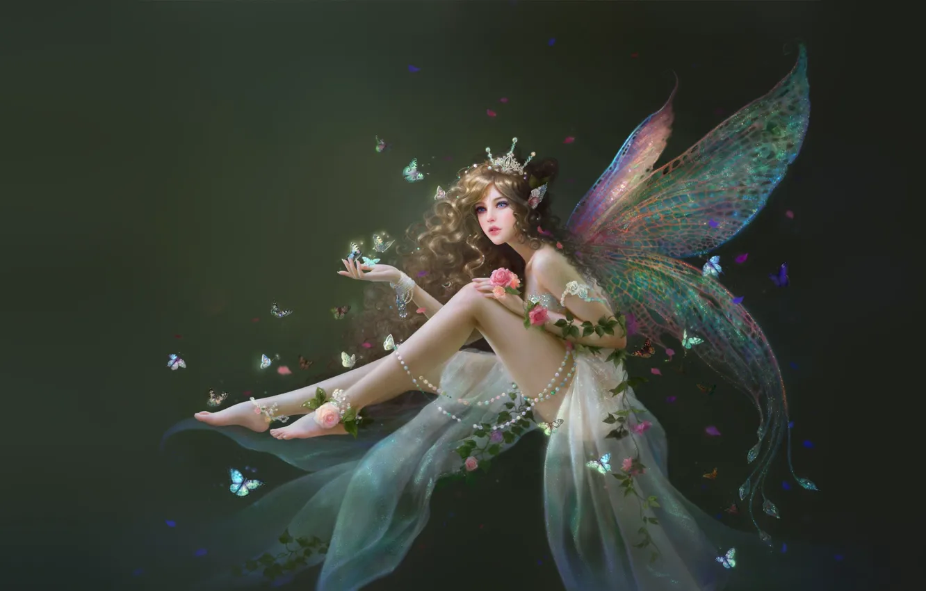 Фото обои девушка, цветы, бабочка, фея, арт, fairy, фейка, ruoxin zhang