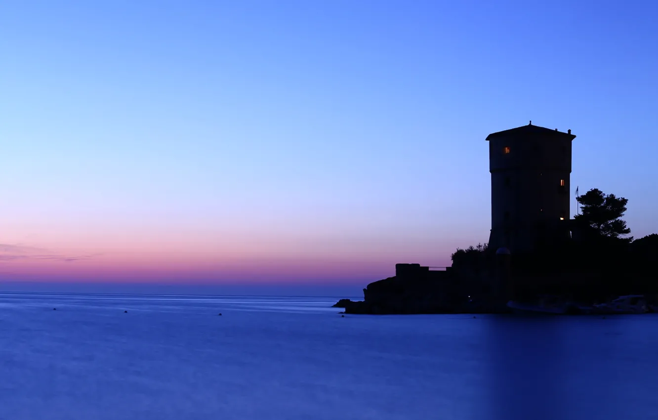 Фото обои twilight, tower, sea, ocean, seascape, island, dusk, horizon