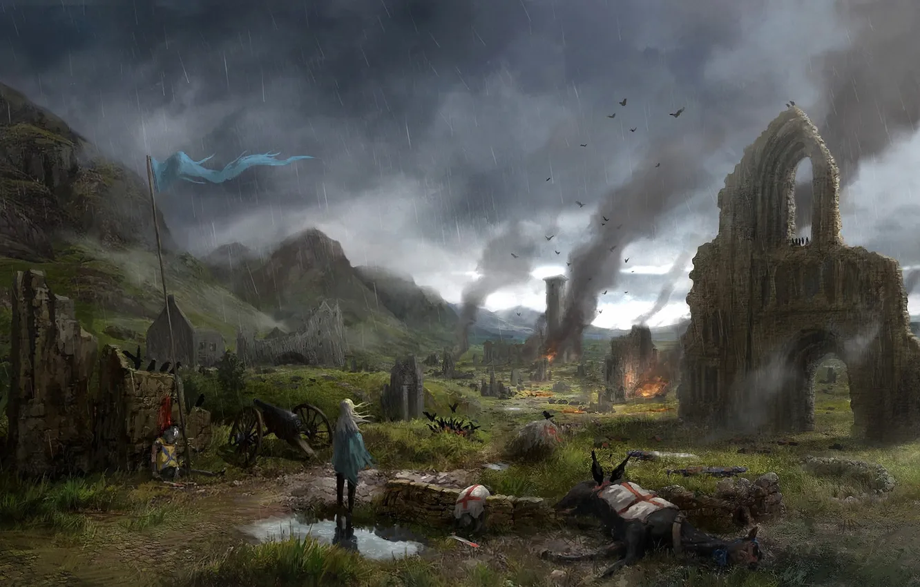 Фото обои девушка, горы, конь, дым, арт, нападение, руины, трупы