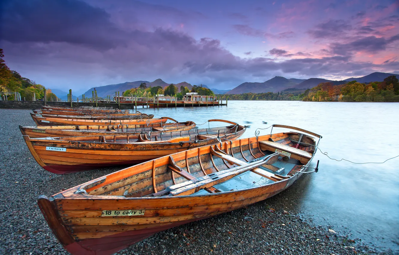 Фото обои осень, озеро, лодки, England, Lake District