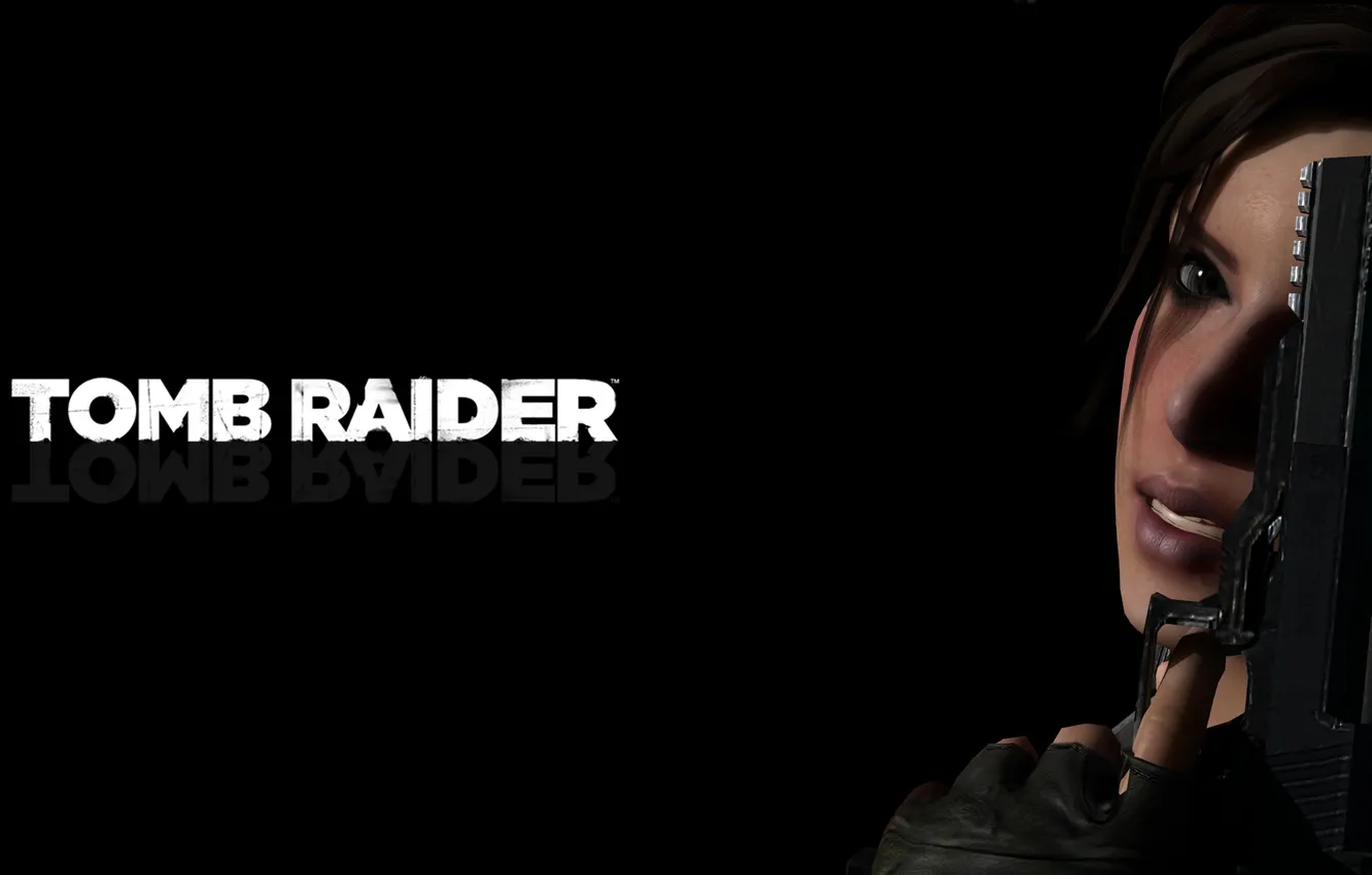 Фото обои взгляд, девушка, лицо, пистолет, оружие, волосы, черный фон, Lara Croft