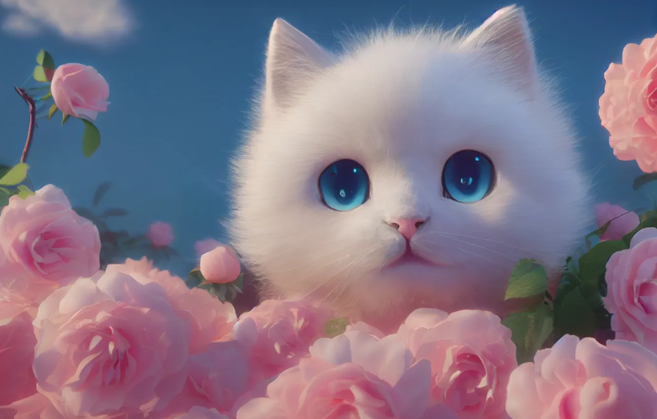 Фото обои белый, цветы, розы, арт, мордочка, котёнок, голубые глаза, нейросеть
