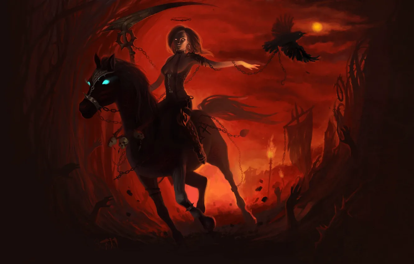 Фото обои Девушка, Лошадь, Ворон, Girl, Конь, Смерть, Hell, Цепи