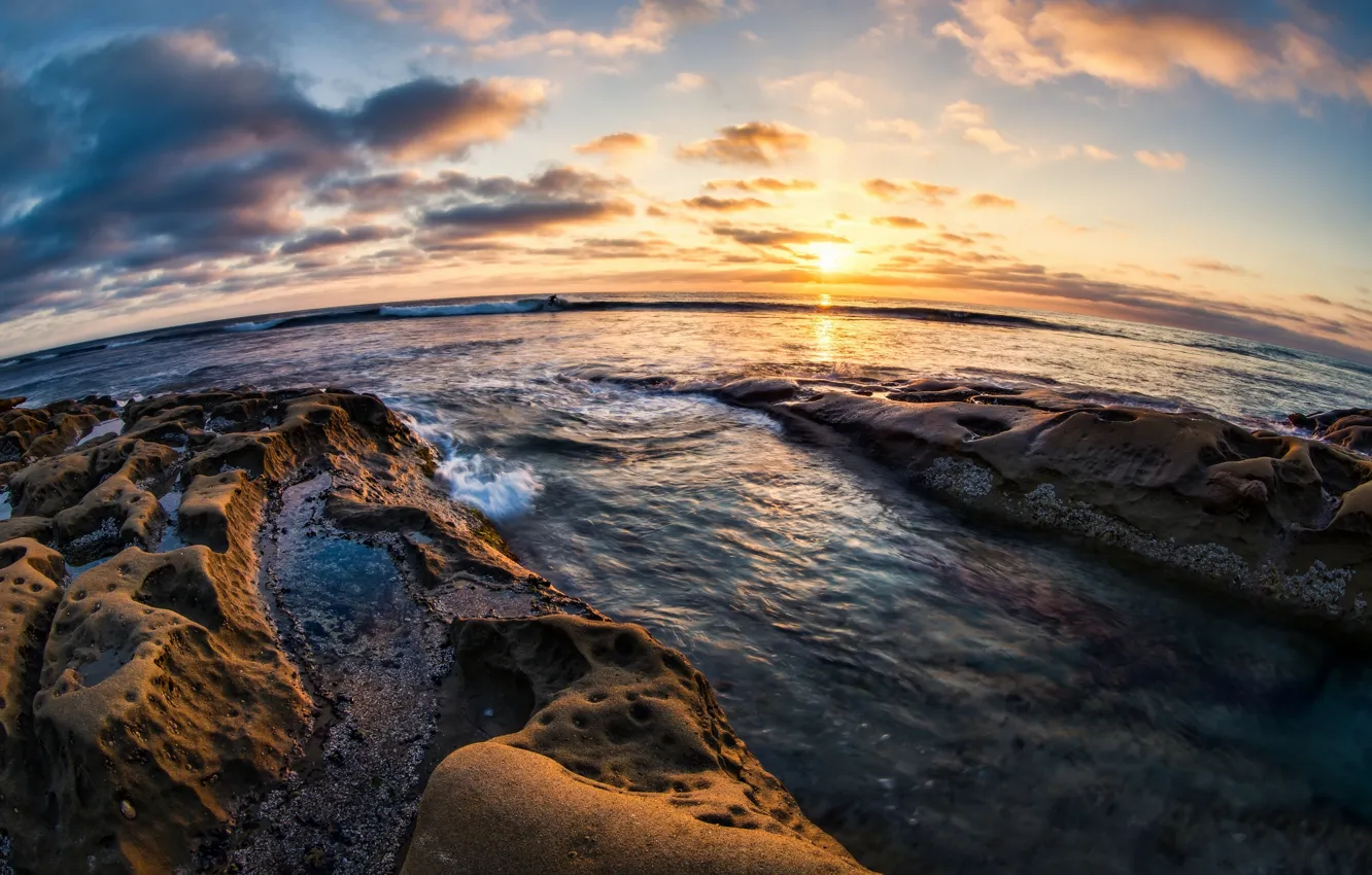 Фото обои закат, камни, побережье, горизонт, Калифорния, Pacific Ocean, California, San Diego