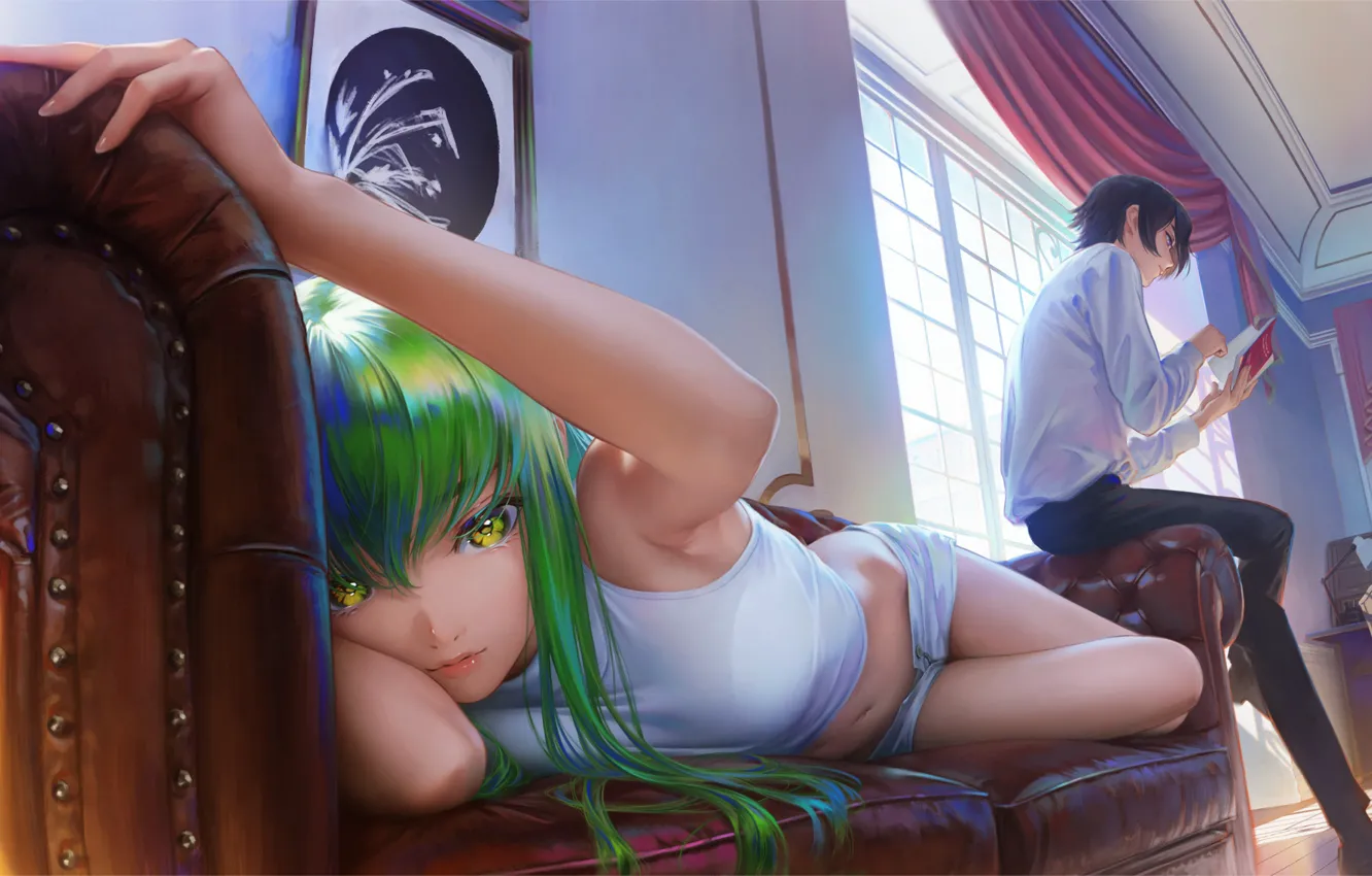 Фото обои anime, code geass, chair, women, window, digital art, green hair, anime girls