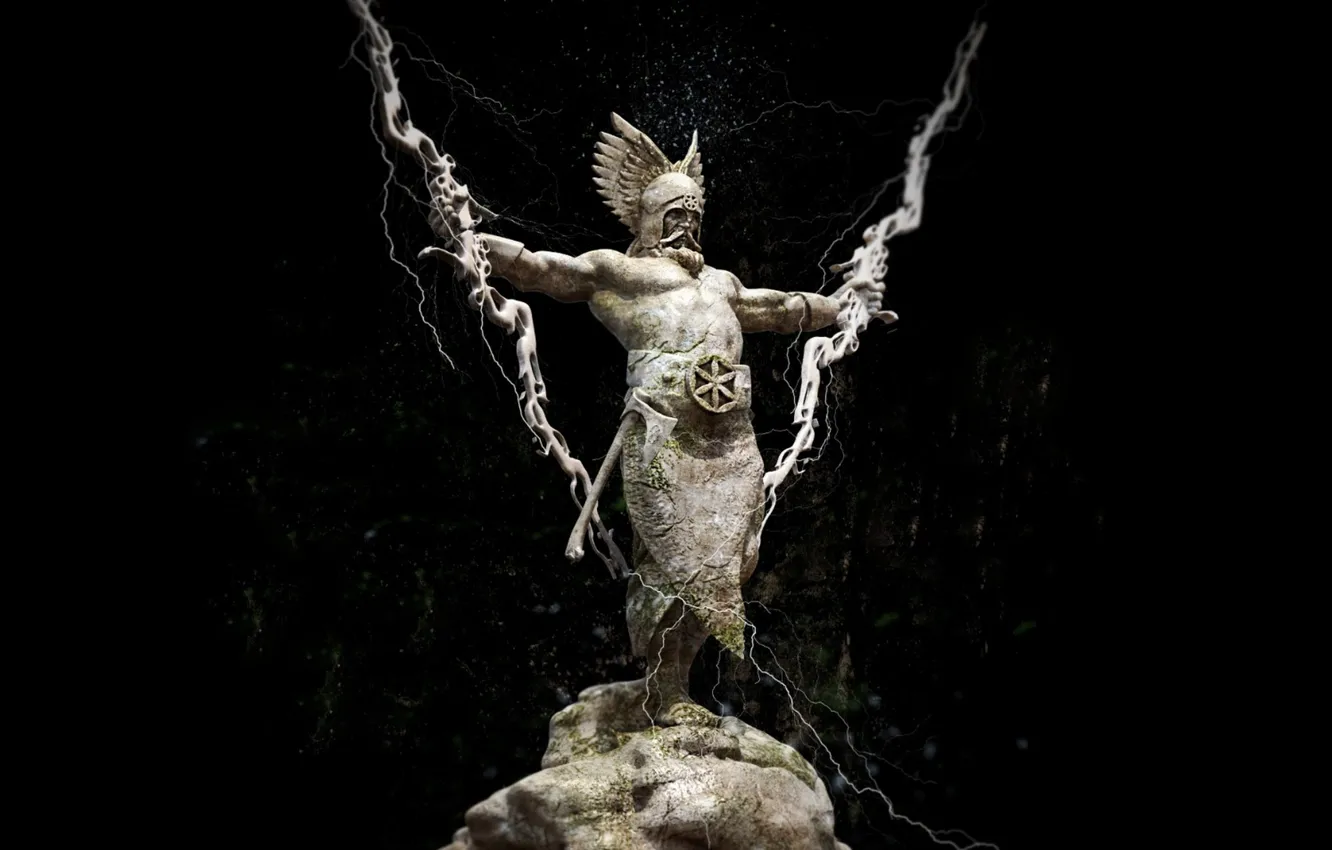 Фото обои Статуя, Шлем, Молнии, Чёрный фон, Секира, Бог Грома, Перун, Славянский бог