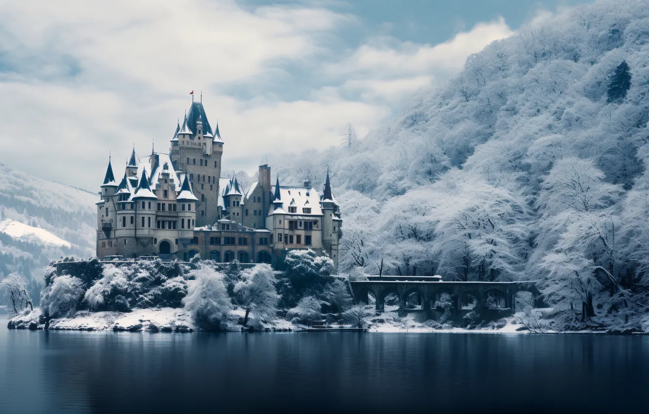 Фото обои зима, снег, горы, замок, river, winter, castle, snowy