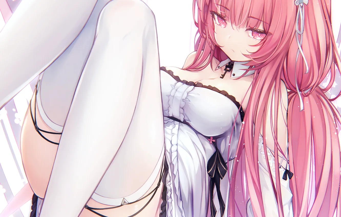 Фото обои girl, sexy, cleavage, thighhighs, pink hair, long hair, dress, boobs