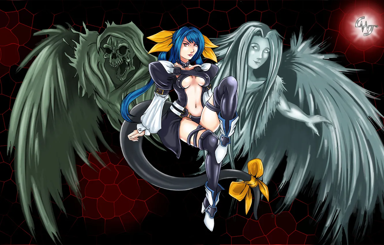 Фото обои взгляд, девушка, ангел, демон, синие волосы, Dizzy, две стороны, Guilty Gear XX