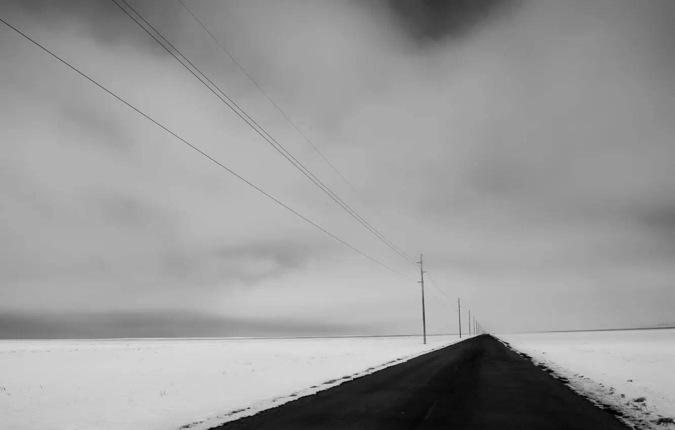 Фото обои зима, дорога, поле, снег, природа, перспектива, лэп