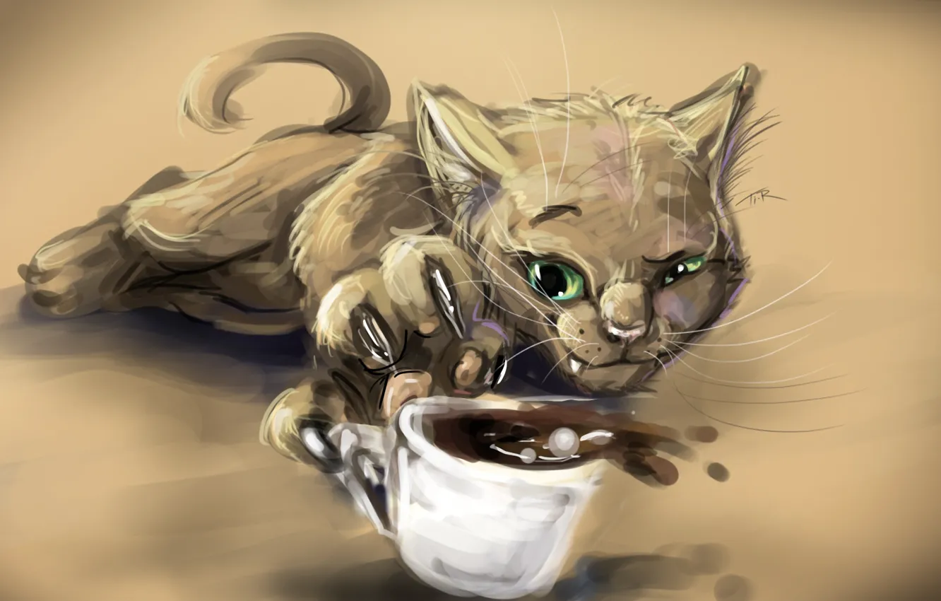 Фото обои кофе, Кот, чашка, когти, прищур, хитрюга