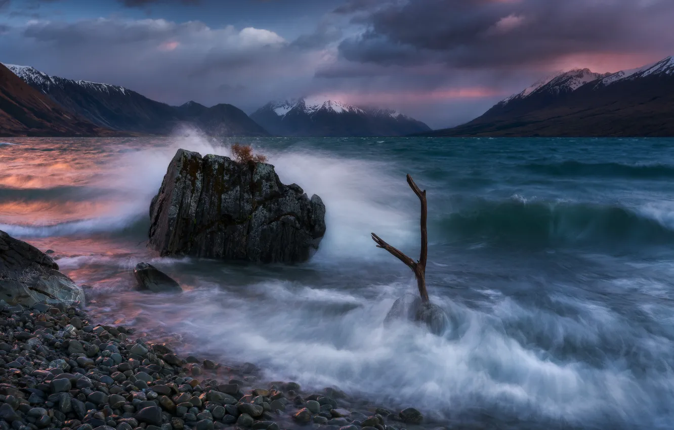Фото обои горы, озеро, рассвет, камень, Новая Зеландия, New Zealand, Южные Альпы, Southern Alps