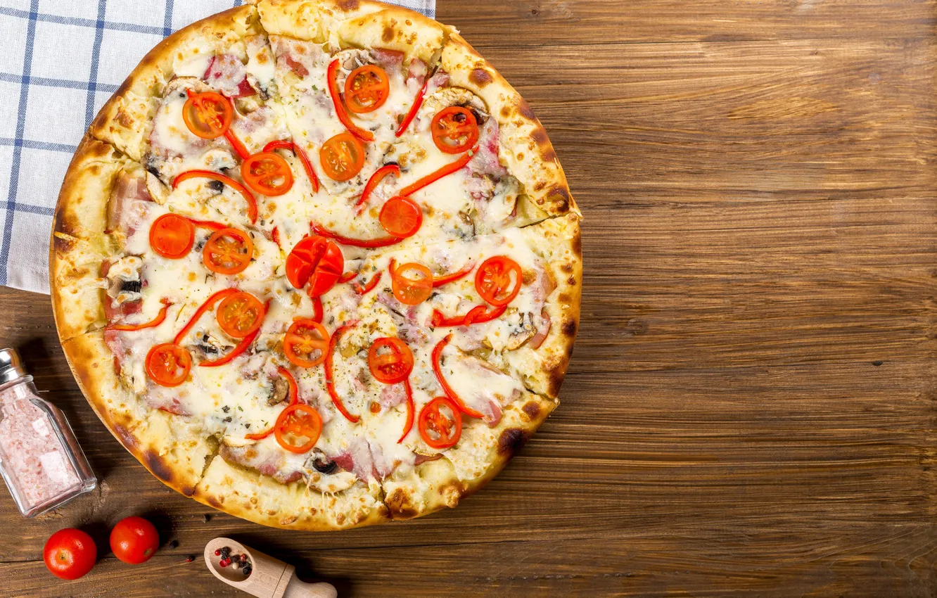 Фото обои красный, сыр, перец, пицца, помидоры, тесто