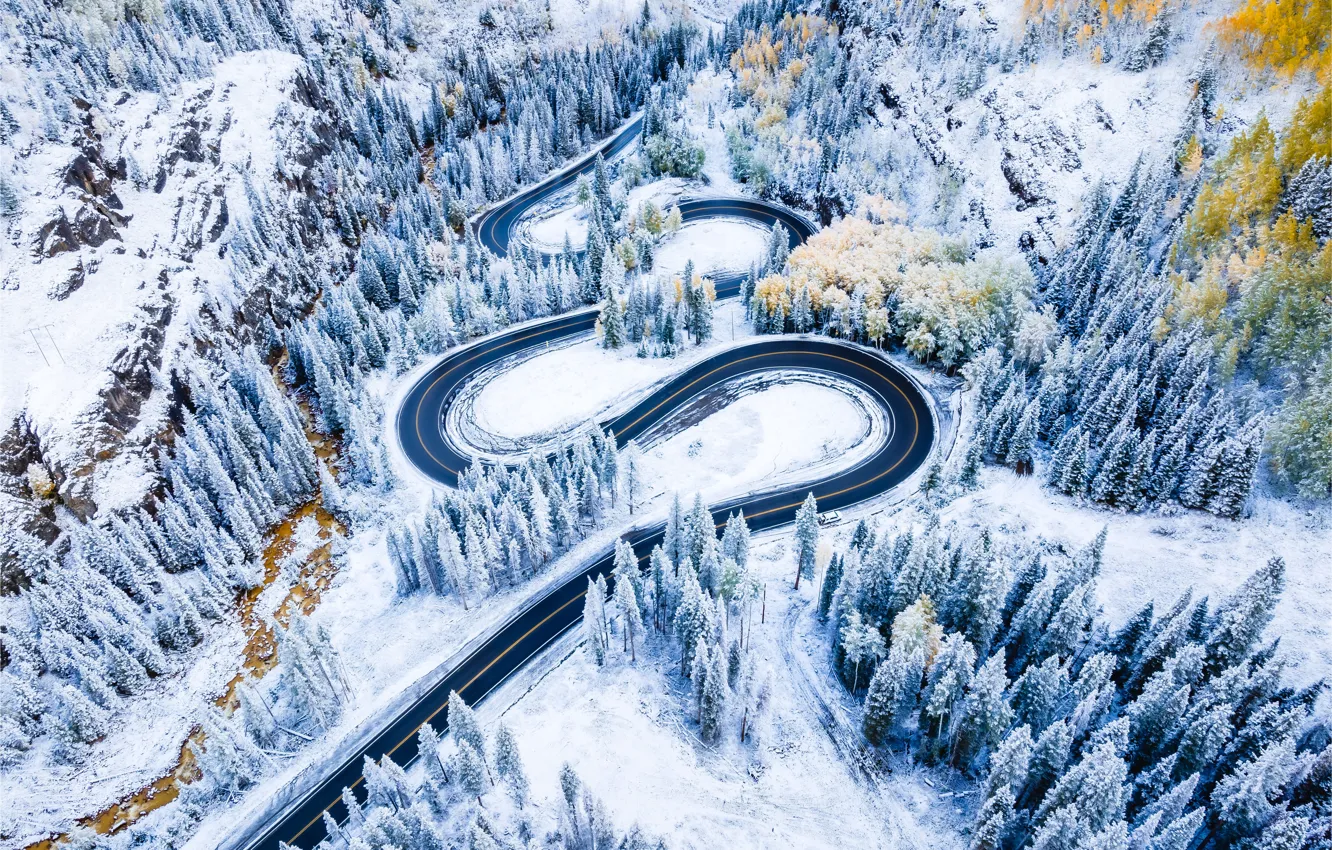 Фото обои Природа, Красота, Nature, Winter, Colorado, Snow covered, Drone photo, Road trip