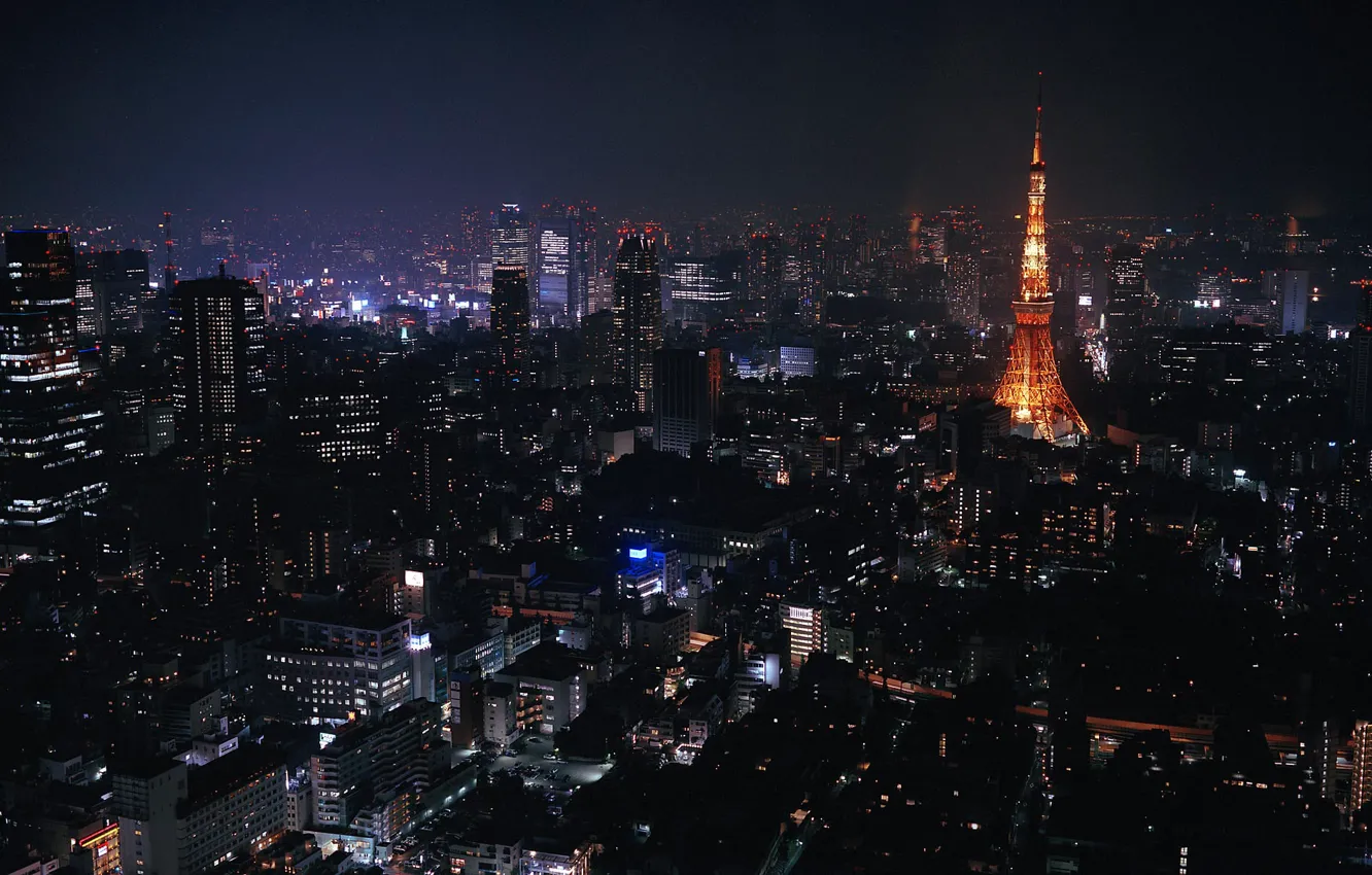 Фото обои ночь, город, огни, япония, токио, небоскрёбы