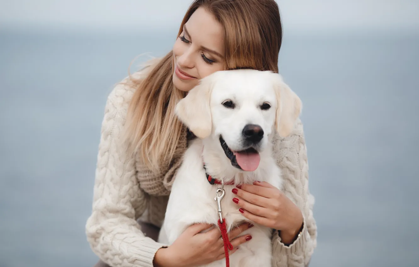 Фото обои девушка, природа, поза, друг, собака