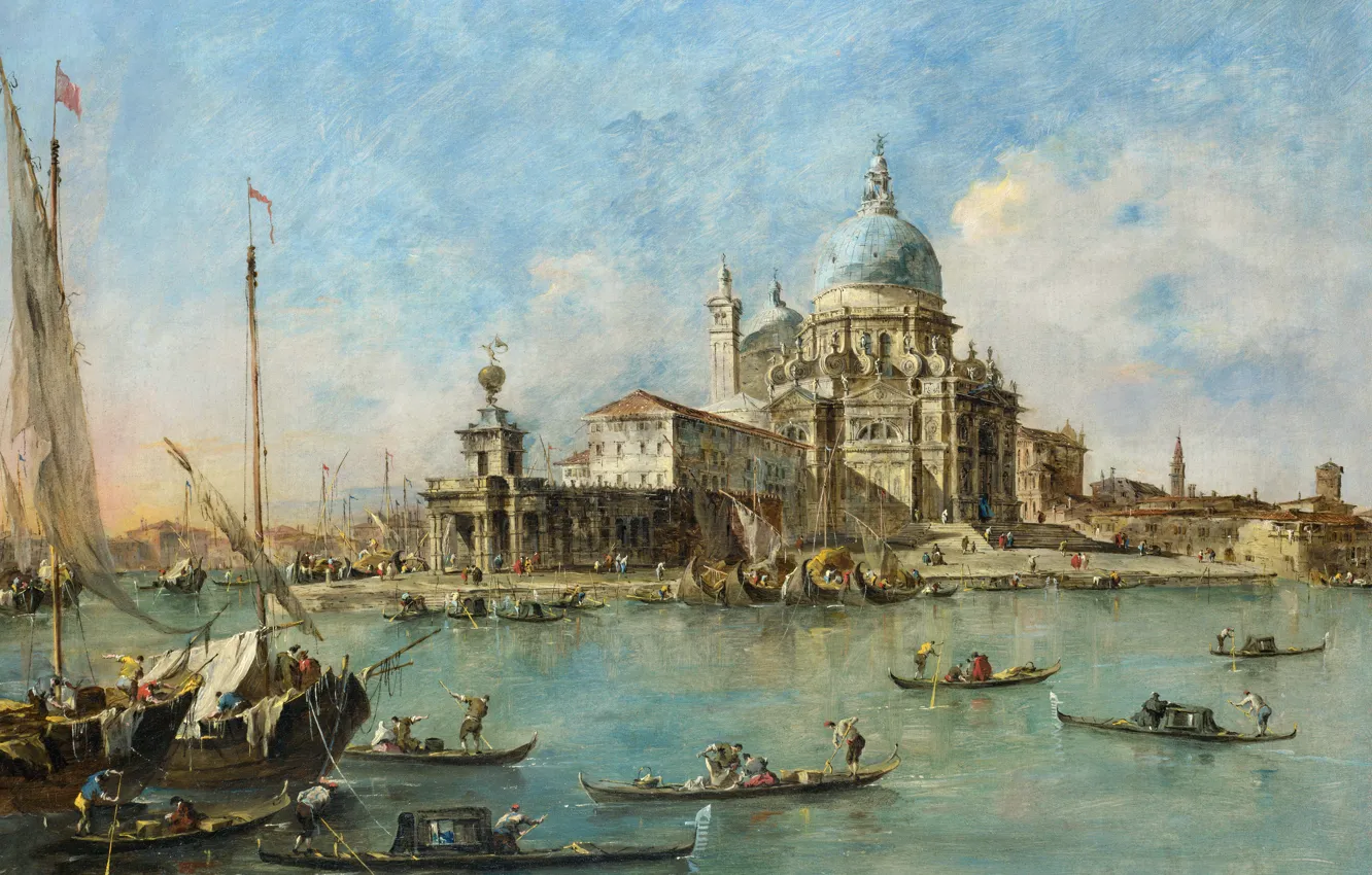 Фото обои город, лодка, картина, канал, Франческо Гварди, Пунта делла Догана в Венеции, Francesco Lazzaro Guardi