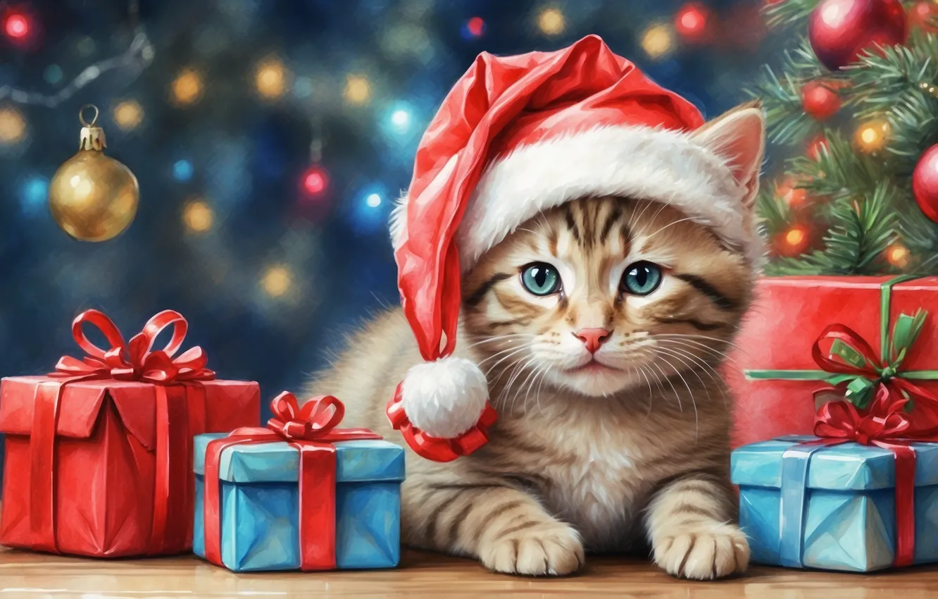 Фото обои кошка, взгляд, шарики, ветки, поза, котенок, рисунок, котик