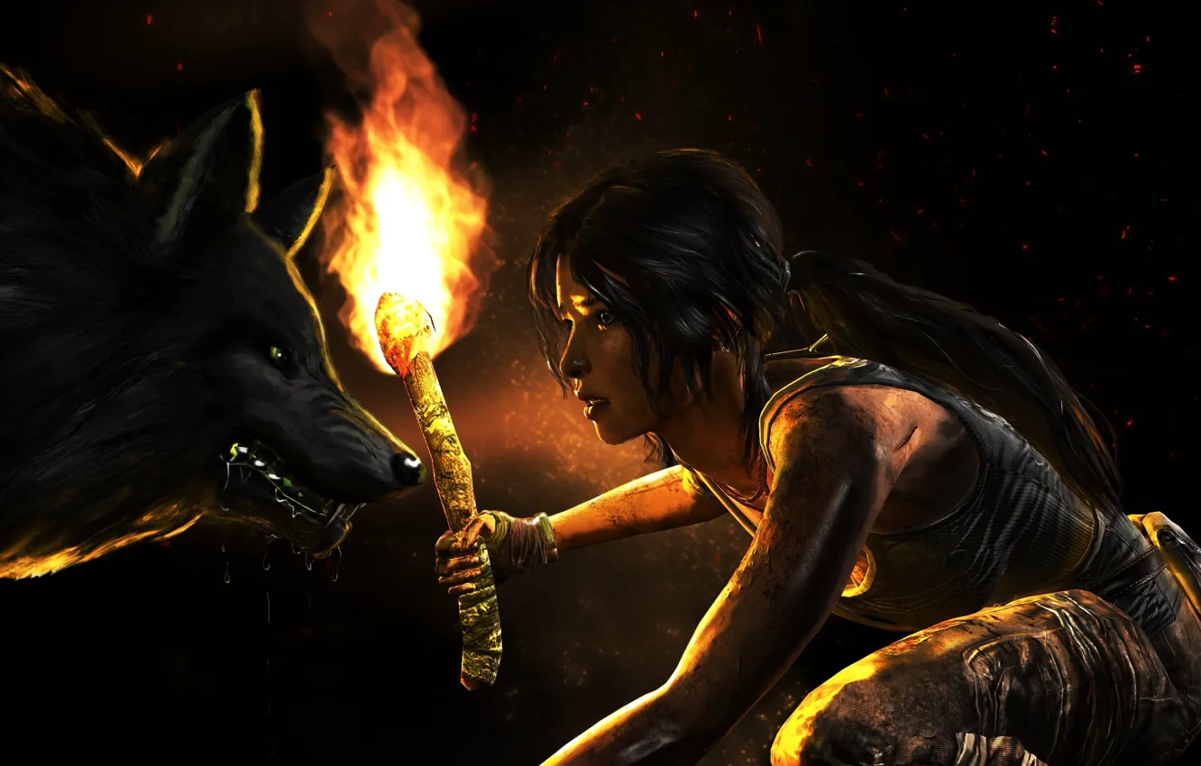 Фото обои девушка, волк, грязь, факел, tomb raider, Lara Croft