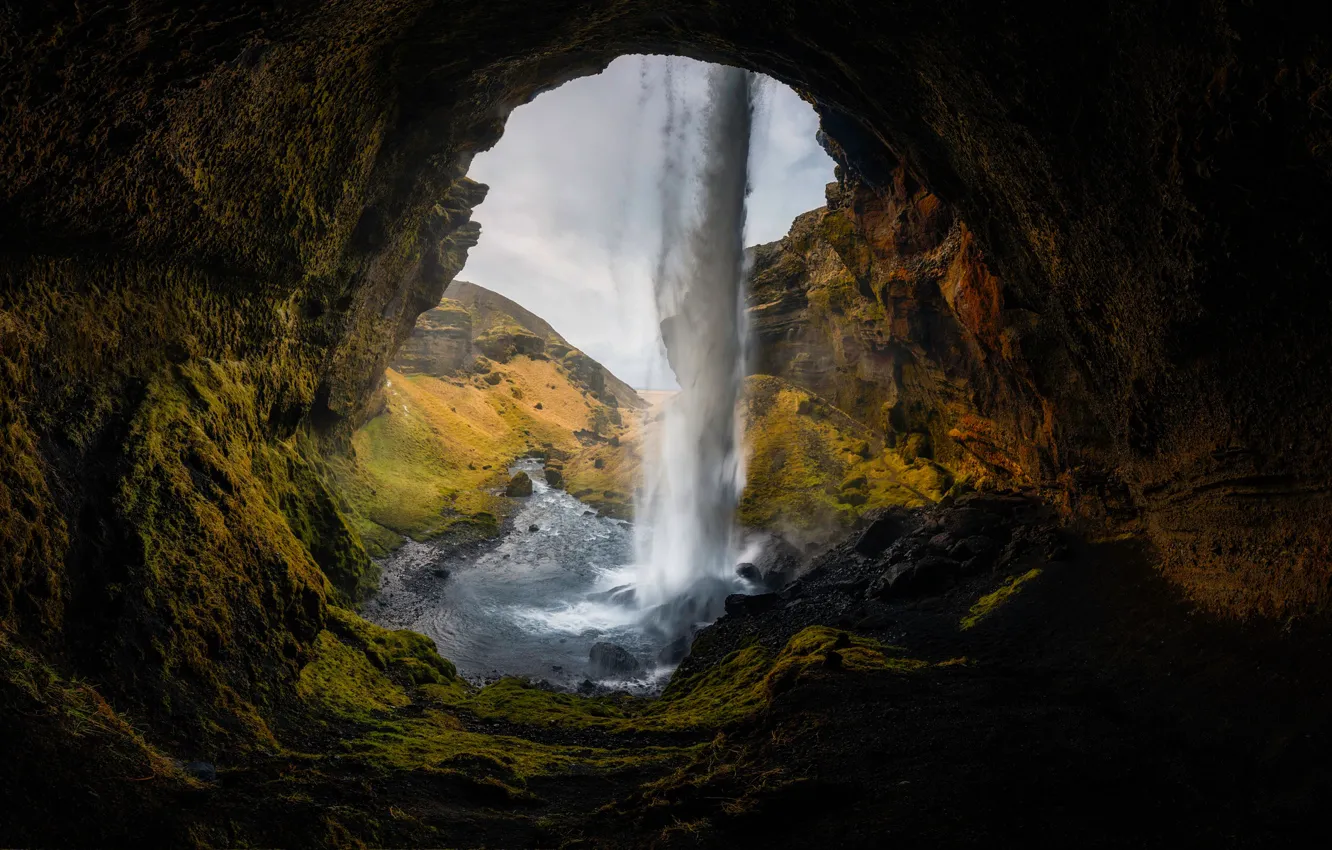 Фото обои водопад, пещера, Исландия, Seljalandsfoss, Сельяландсфосс, Northern Cave