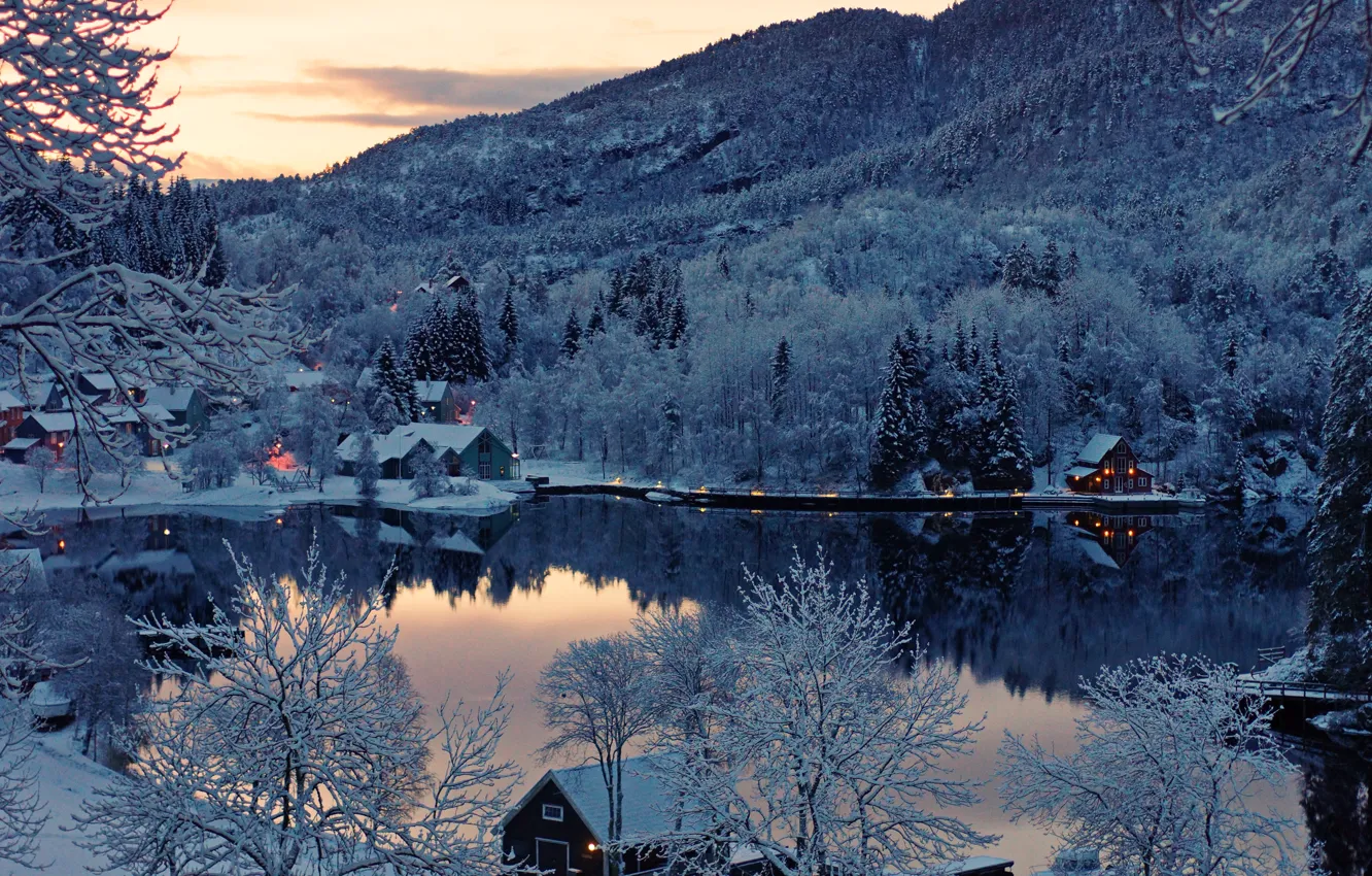 Фото обои зима, снег, закат, озеро, дома, Пейзажи, финляндия