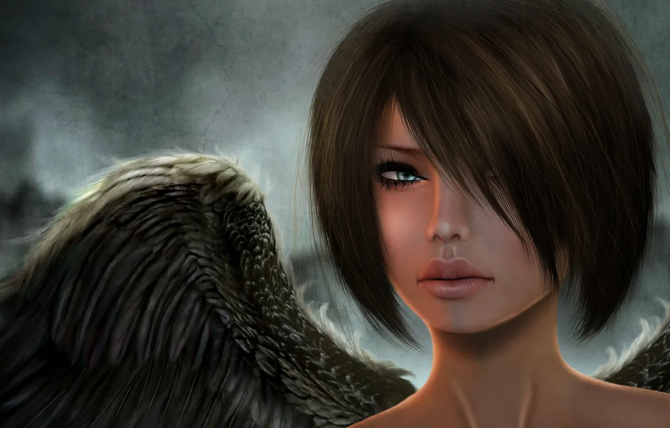 Фото обои взгляд, девушка, лицо, рендеринг, крылья, ангел