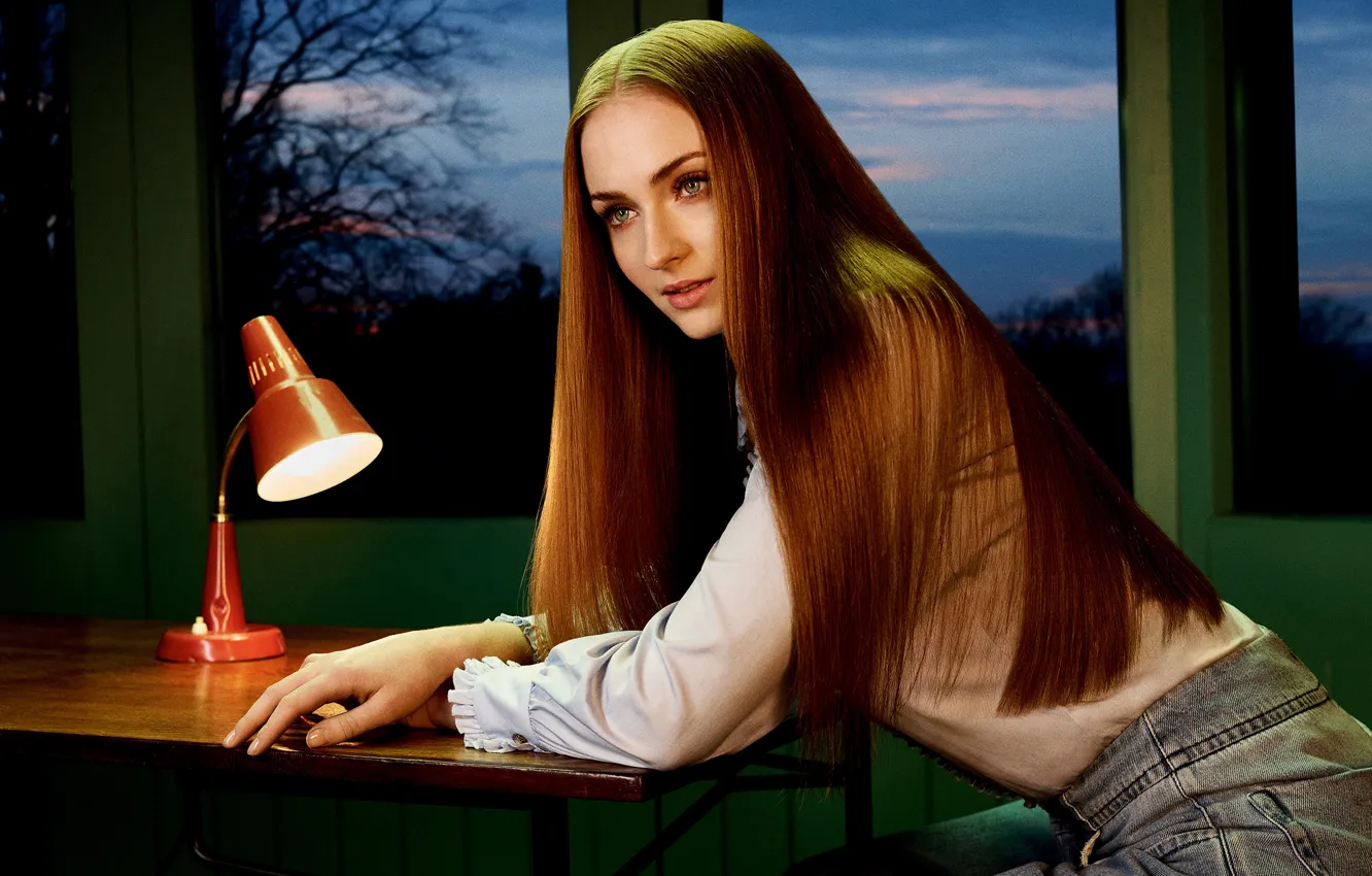 Фото обои Girl, Light, Table, Women, Evening, View, Redhead, Long Hair