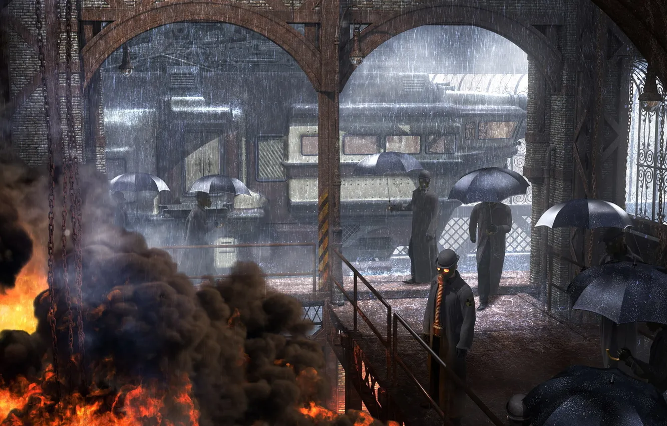 Фото обои люди, дождь, огонь, дым, Улица, зонтики, противогаз, арка