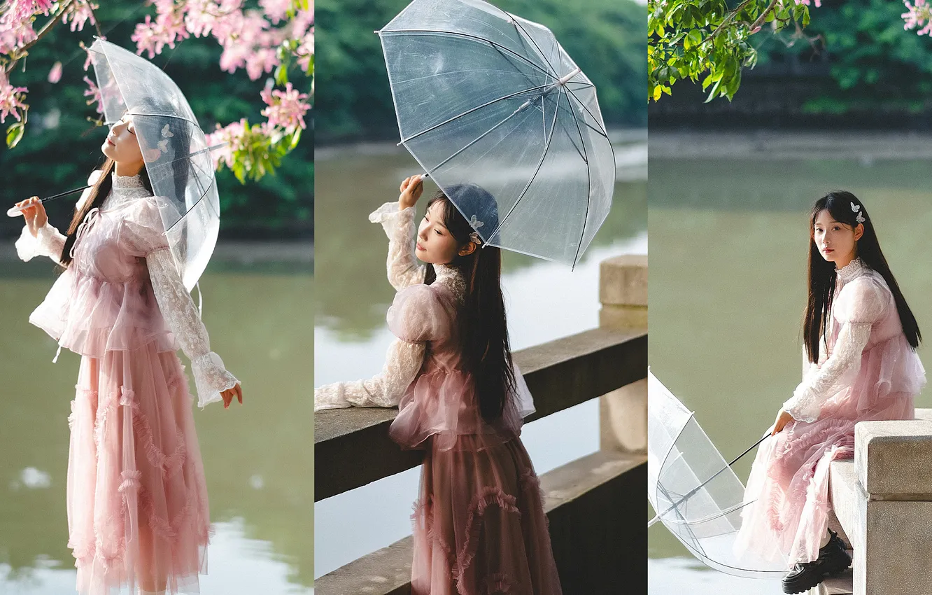 Фото обои Beautiful, Asian, Model, Tree, Flowers, Water, Umbrella, Woman