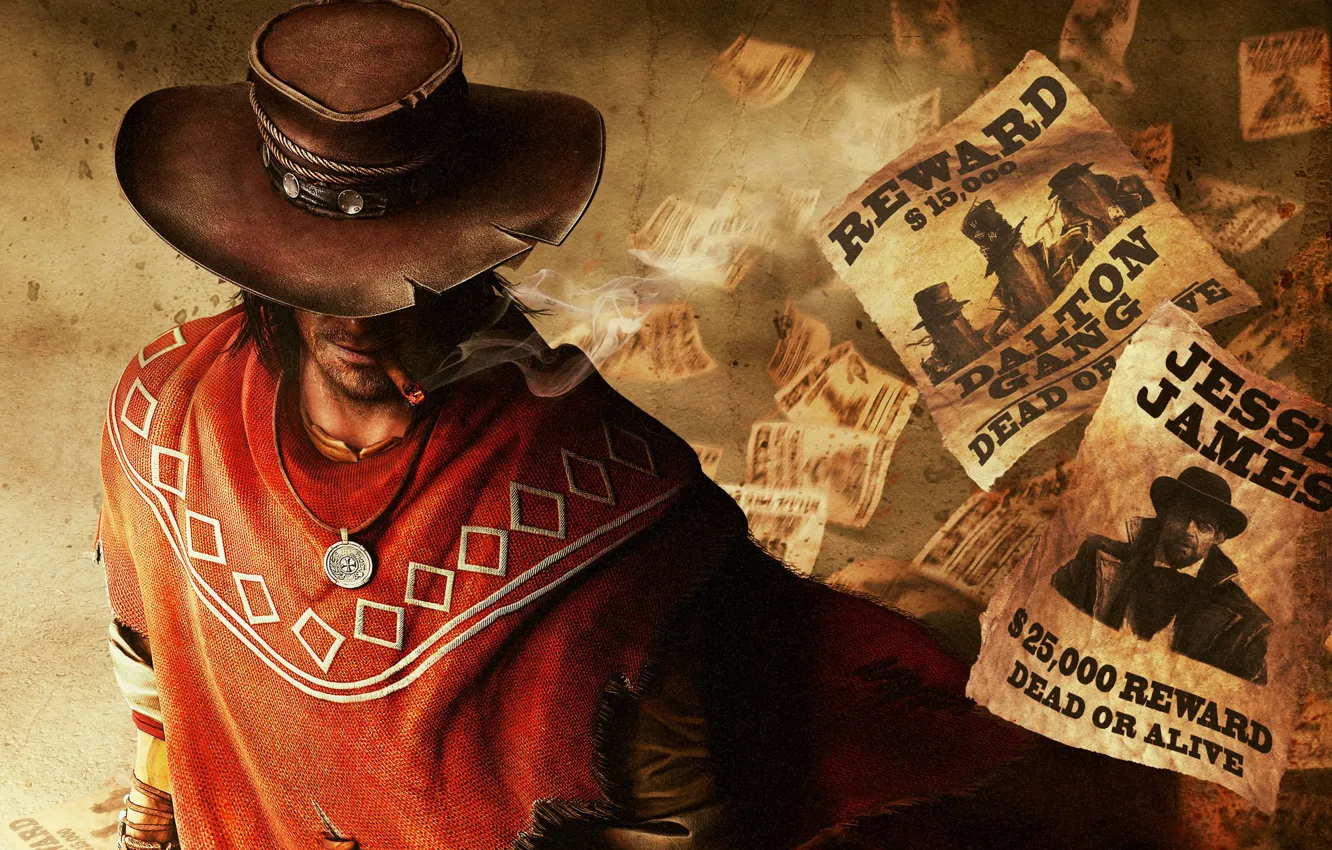 Фото обои шляпа, медальон, сигара, бандиты, ковбой, разбойники, Call of Juarez: The Gunslinger, cowboy