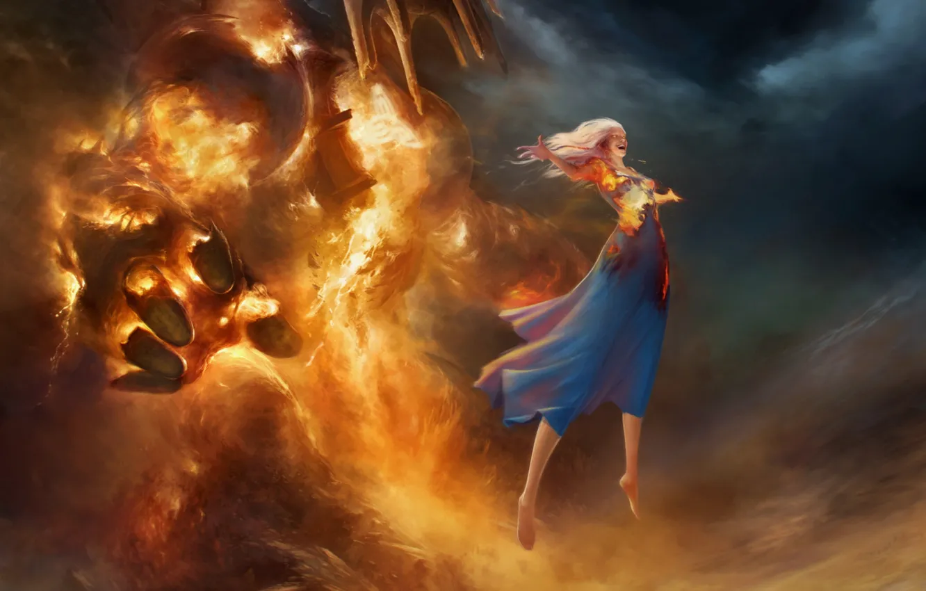 Фото обои облака, пламя, магия, Девушка, левитация, элементаль