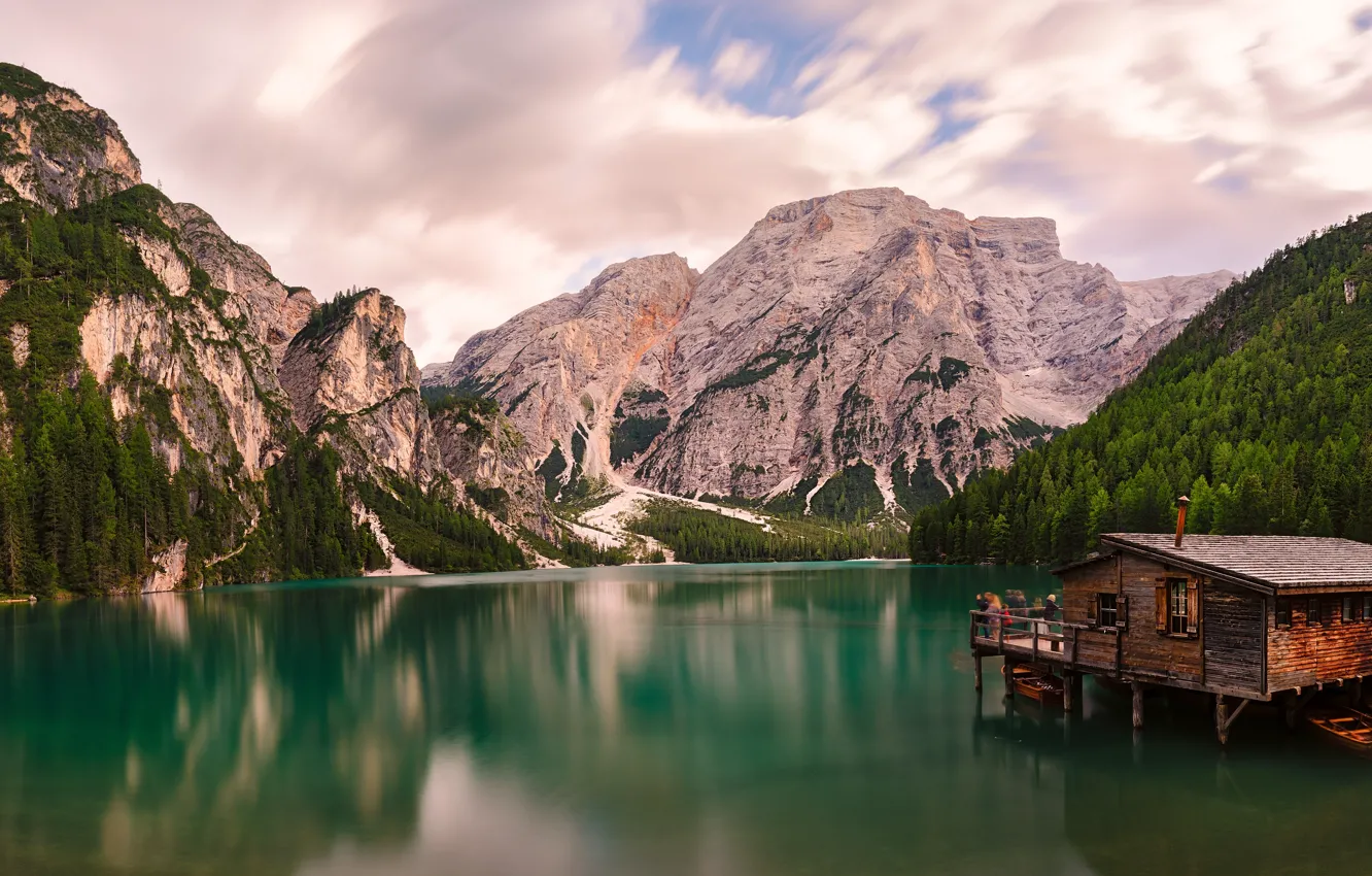Фото обои горы, озеро, лодки, Альпы, Италия, Italy, Alps, Доломитовые Альпы