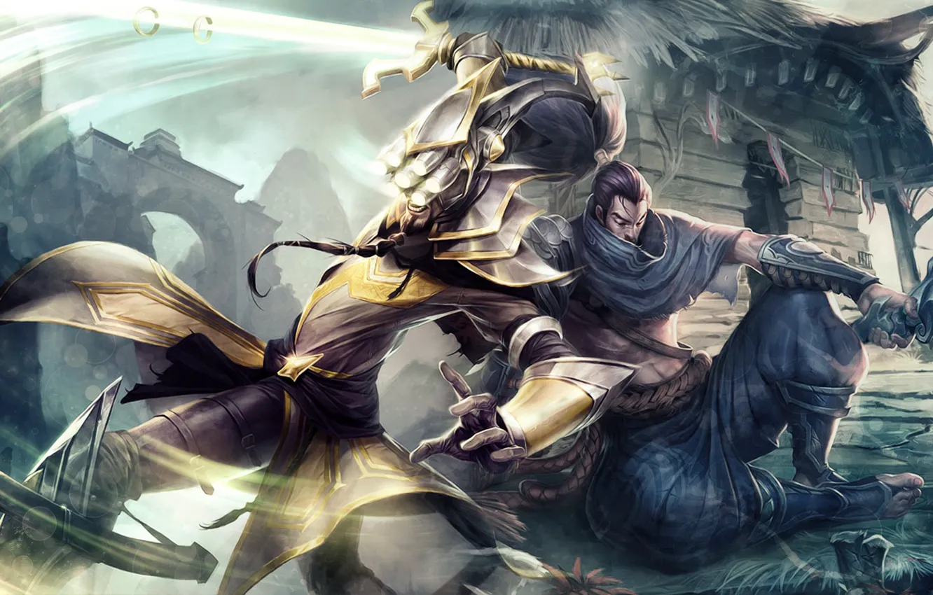 Фото обои двое, воины, League of Legends, Лига Легенд, Yasuo, Master Yi