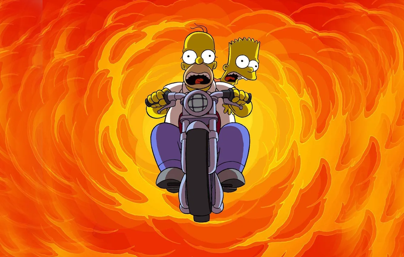 Фото обои Симпсоны, Рисунок, Огонь, Гомер, Мотоцикл, Simpsons, Барт, Арт