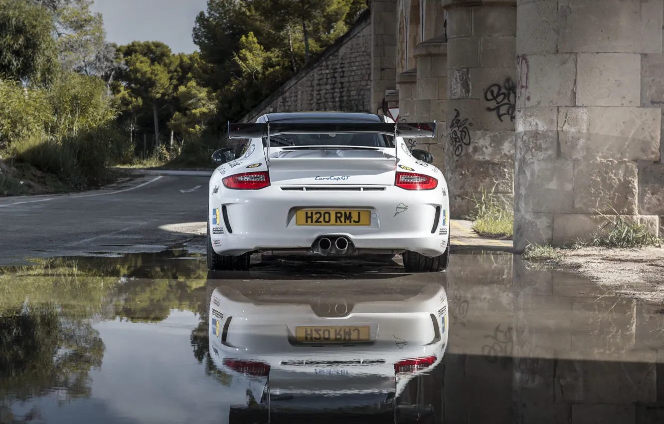 Фото обои отражение, 997, Porsche, white, спорткар, порше, Carrera S, EurocupGT