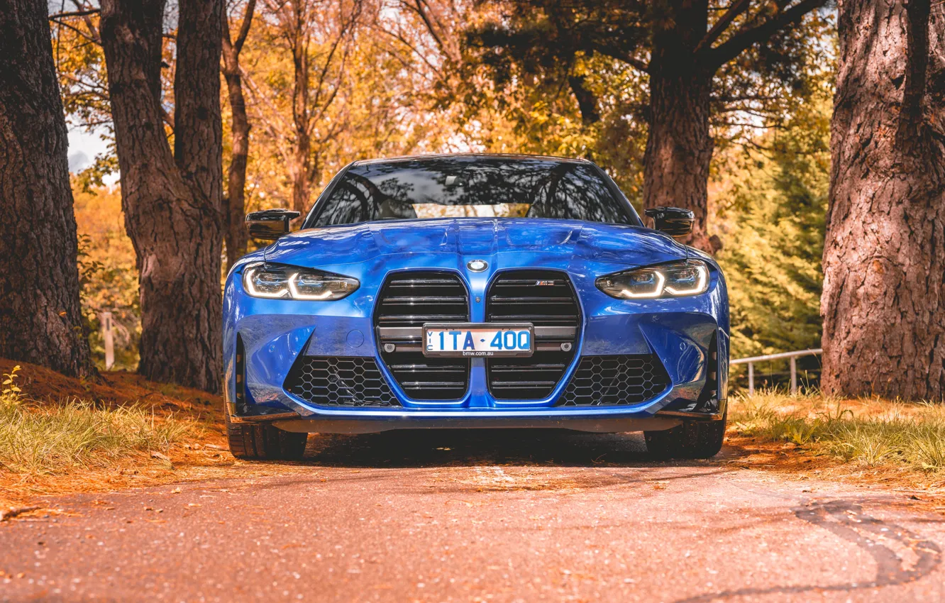 Фото обои BMW, Blue, Front, BMW M3, Road, Face, Forest, Sight
